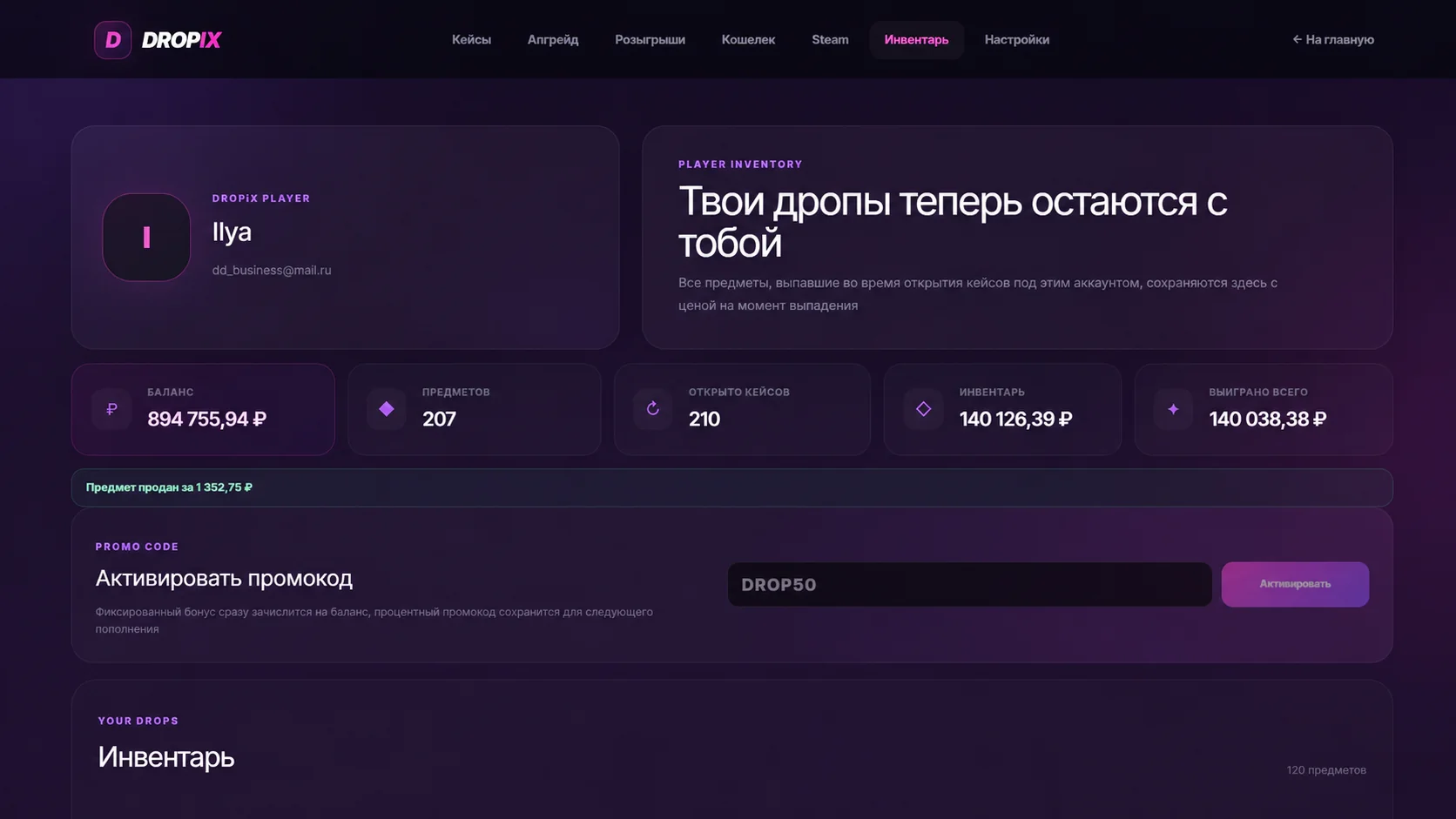 Профиль и инвентарь DROPIX
